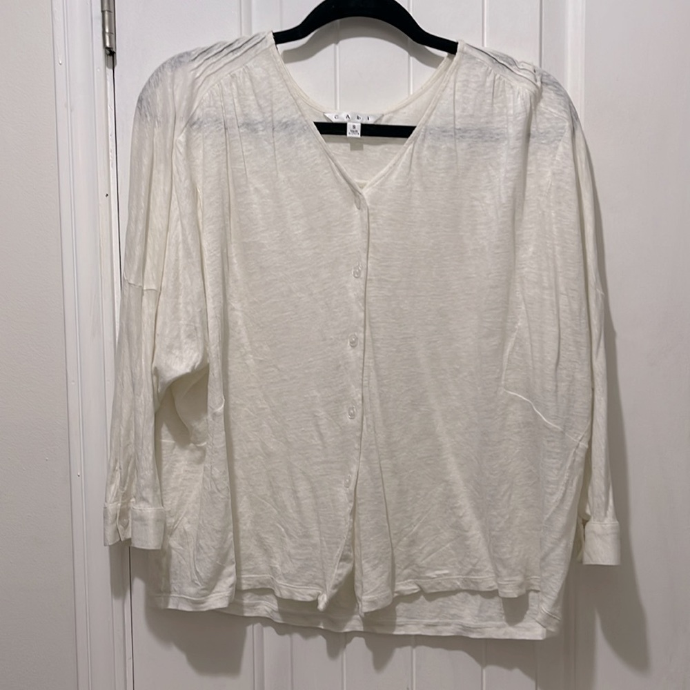 CAbi long sleeve v neck button up ivory white blousy shirt. Size Small